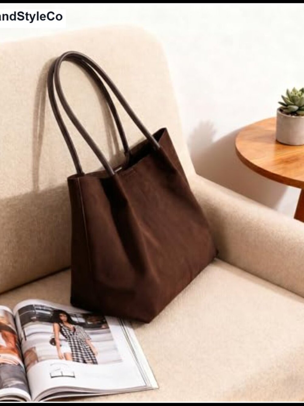 Faux Suede Large Work Tote Fits 15.6" Laptop with Pouch - Picture 2 of 6